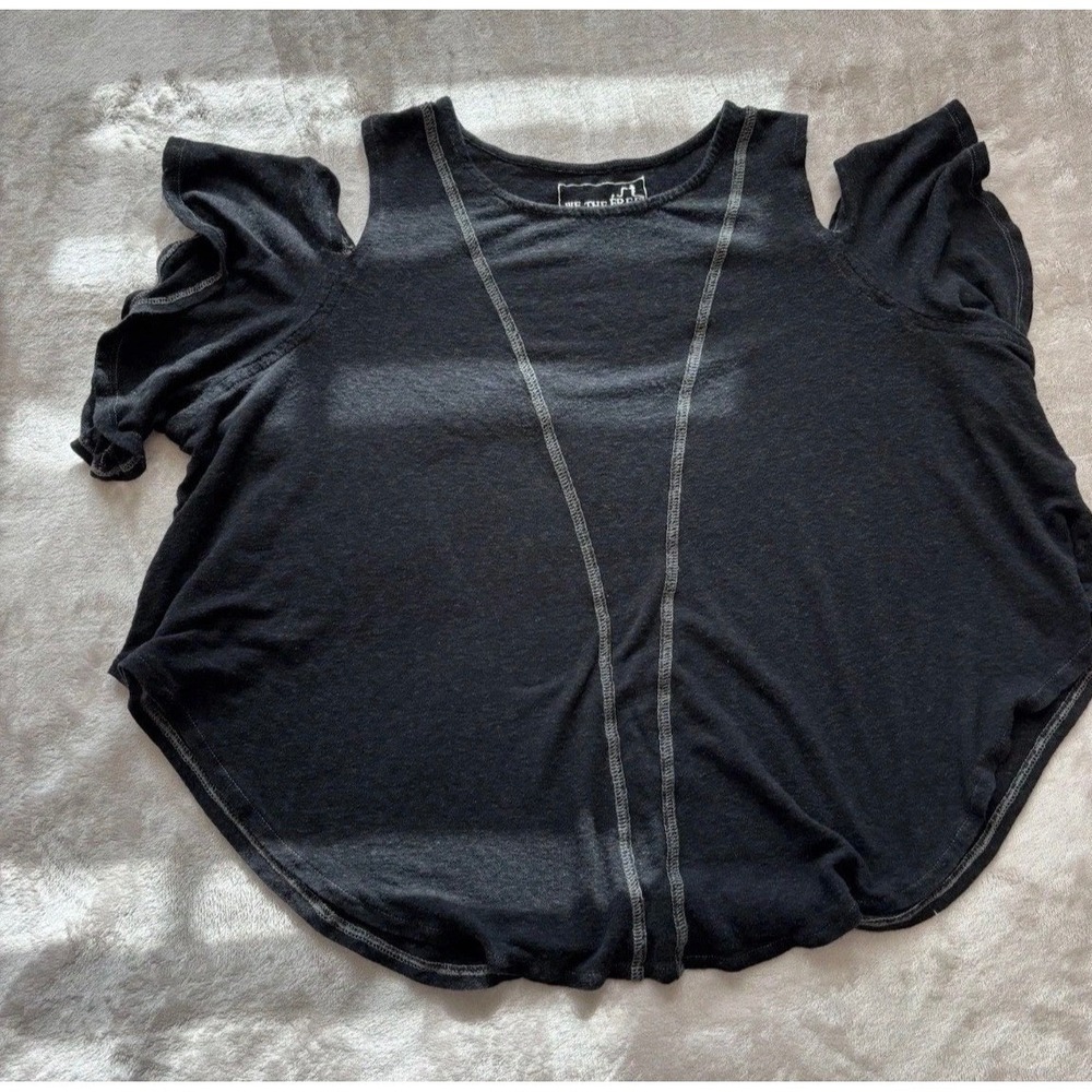 We The Free People Cold Shoulder Top Black Linen Blend Contrast Stitch XS - Picture 3 of 11